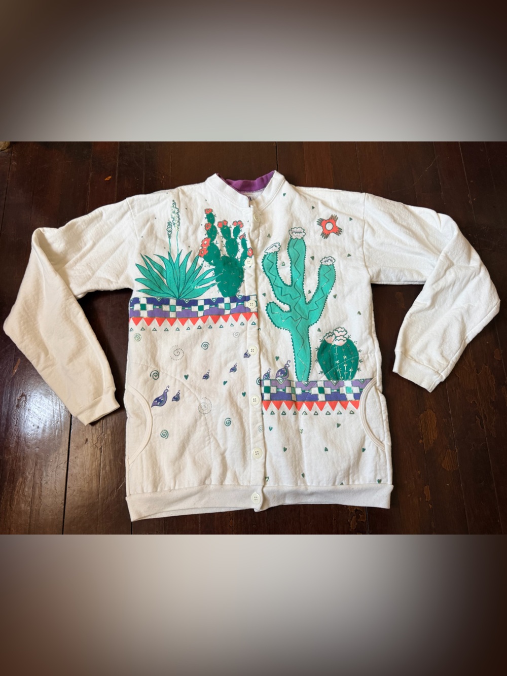 Cream Button-Front Cardigan with Green Cactus Motif